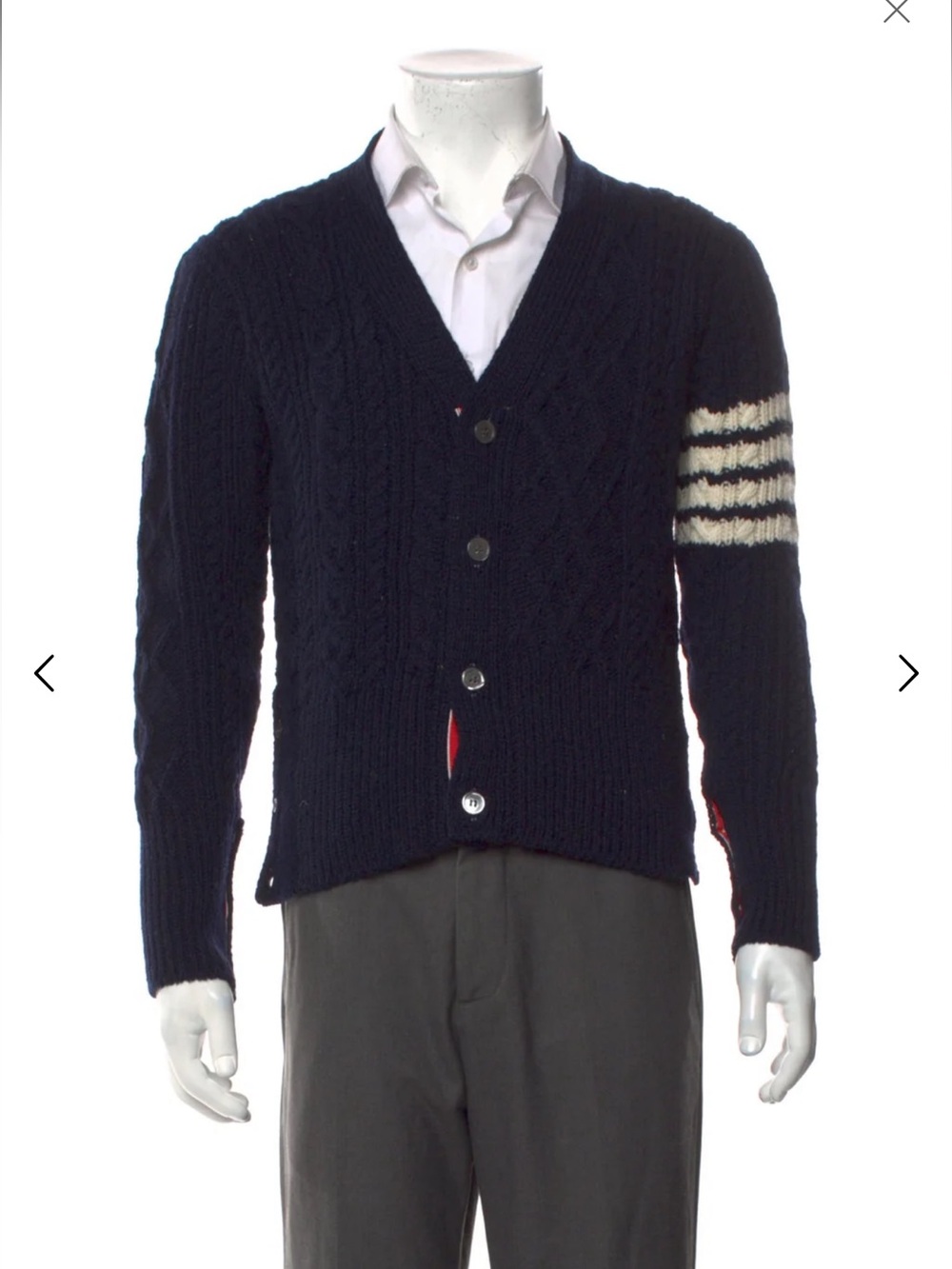 Thom Browne Navy Cable-Knit Cardigan with Cream Sleeve Stripes - NWOT